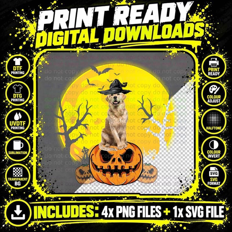 Halloween Golden Retriever Witch Hat T-Shirt Png SVG Digital Bundle
