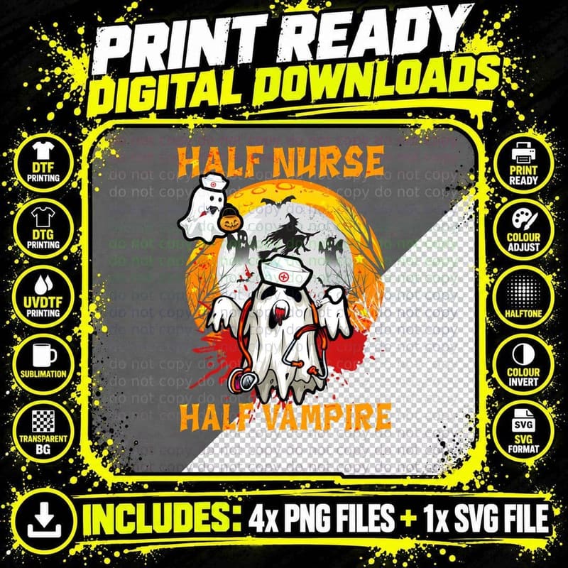 Halloween Half Nurse Half Vampire T-Shirt Png SVG Digital Bundle