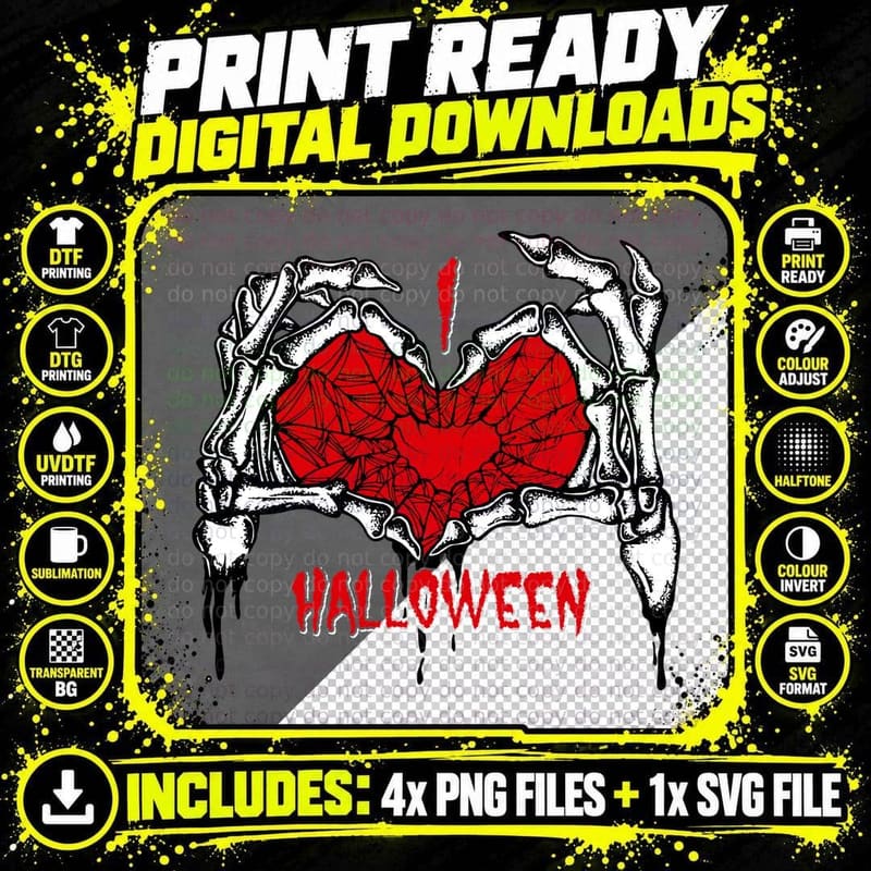 Halloween Heart Skeleton T-Shirt, Gothic Horror Style Png SVG Digital Bundle