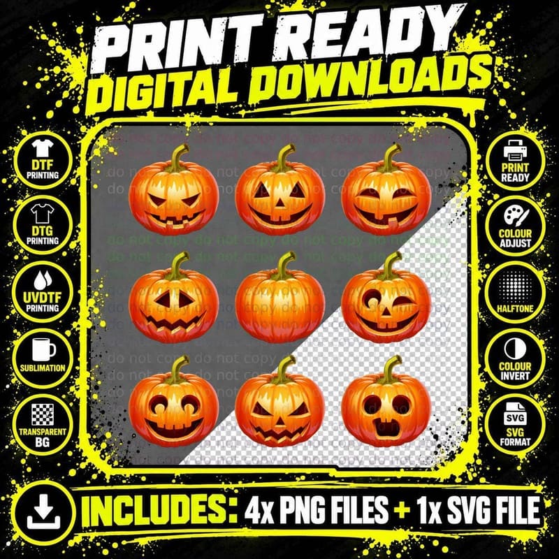 Halloween Jack-O'-Lantern Faces T-Shirt Png SVG Digital Bundle