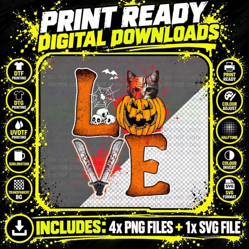 Halloween Love Cat T-Shirt, Gothic Horror Theme Png SVG Digital Bundle