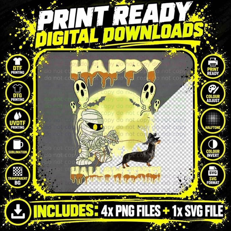 Halloween Mummy Dachshund T-Shirt, Spooky Pet Costume Png SVG Digital Bundle