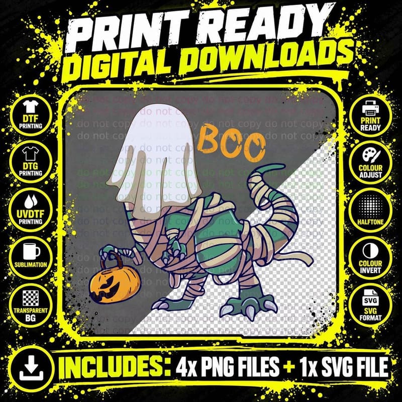 Halloween Mummy Dinosaur Boo T-Shirt Png SVG Digital Bundle