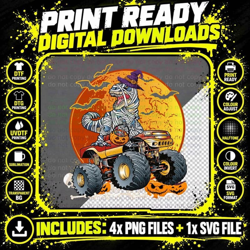 Halloween Mummy Dinosaur T-Shirt, Spooky Halloween Print Png SVG Digital Bundle