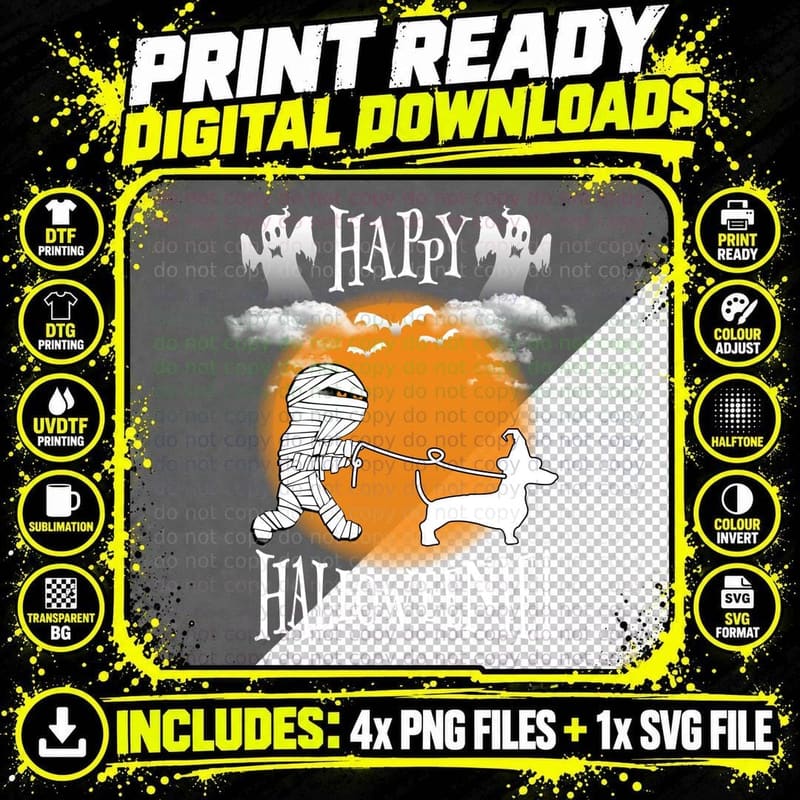 Halloween Mummy Dog Walker T-Shirt, Spooky Halloweenie Png SVG Digital Bundle