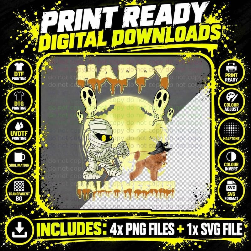 Halloween Mummy Poodle T-Shirt, Spooky Pet Costume Png SVG Digital Bundle