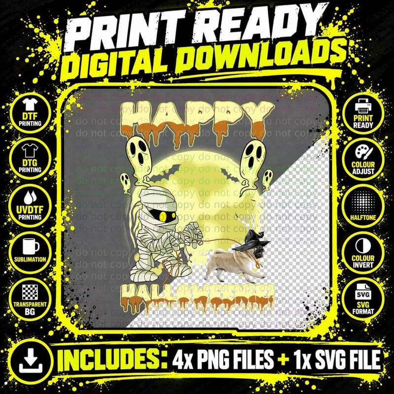 Halloween Mummy Pug T-Shirt, Spooky Pet Costume Png SVG Digital Bundle