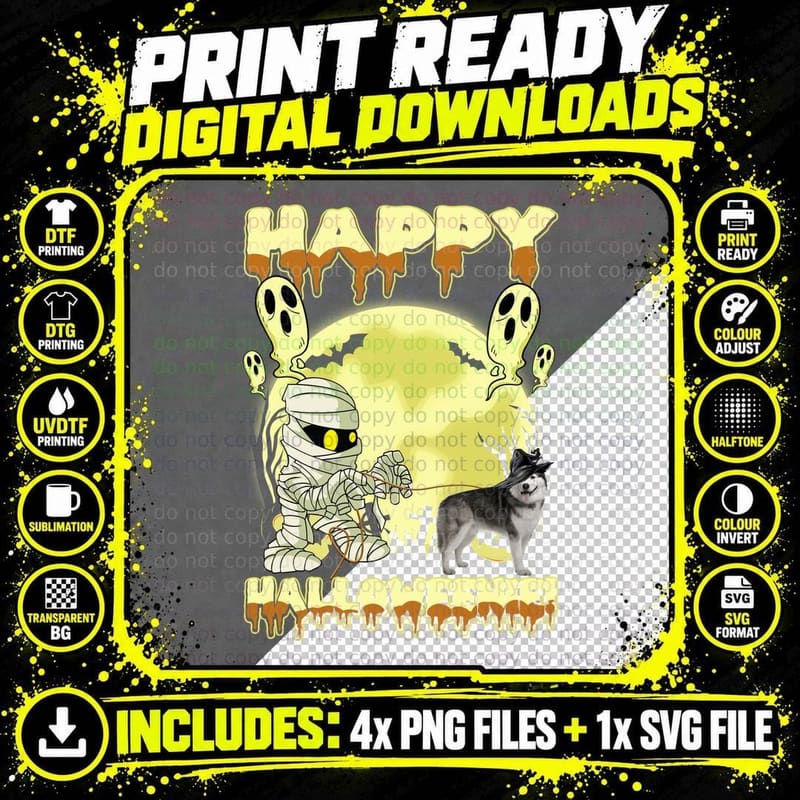 Halloween Mummy Siberian Husky T-Shirt Png SVG Digital Bundle