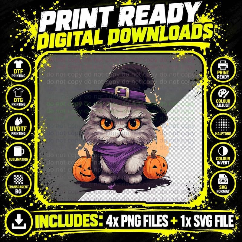 Halloween Persian Cat Witch T-Shirt Png SVG Digital Bundle
