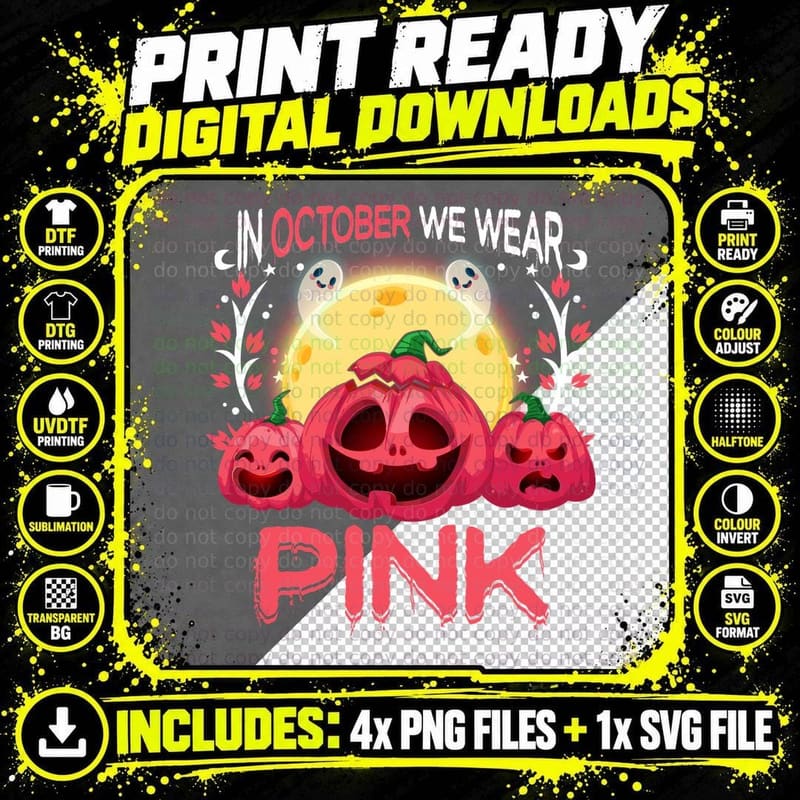 Halloween Pink Pumpkin T-Shirt, Spooky Seasonal Print Png SVG Digital Bundle