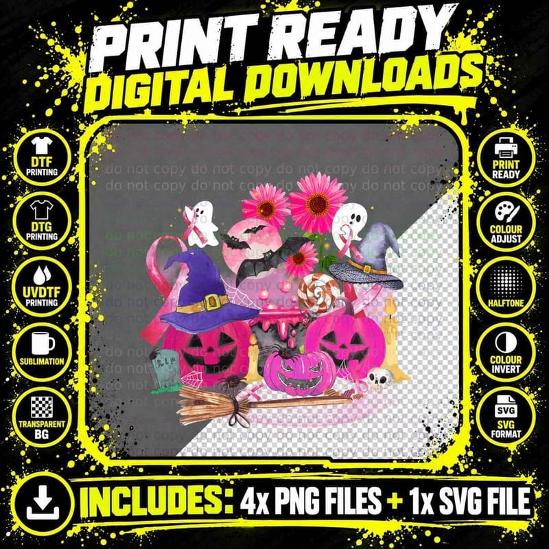 Halloween Pink Witch Hat T-Shirt, Spooky Halloween Theme Png SVG Digital Bundle