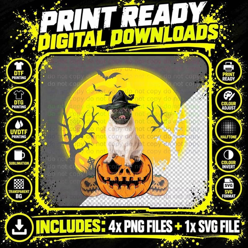 Halloween Pug Witch Hat T-Shirt, Halloween Costume Png SVG Digital Bundle