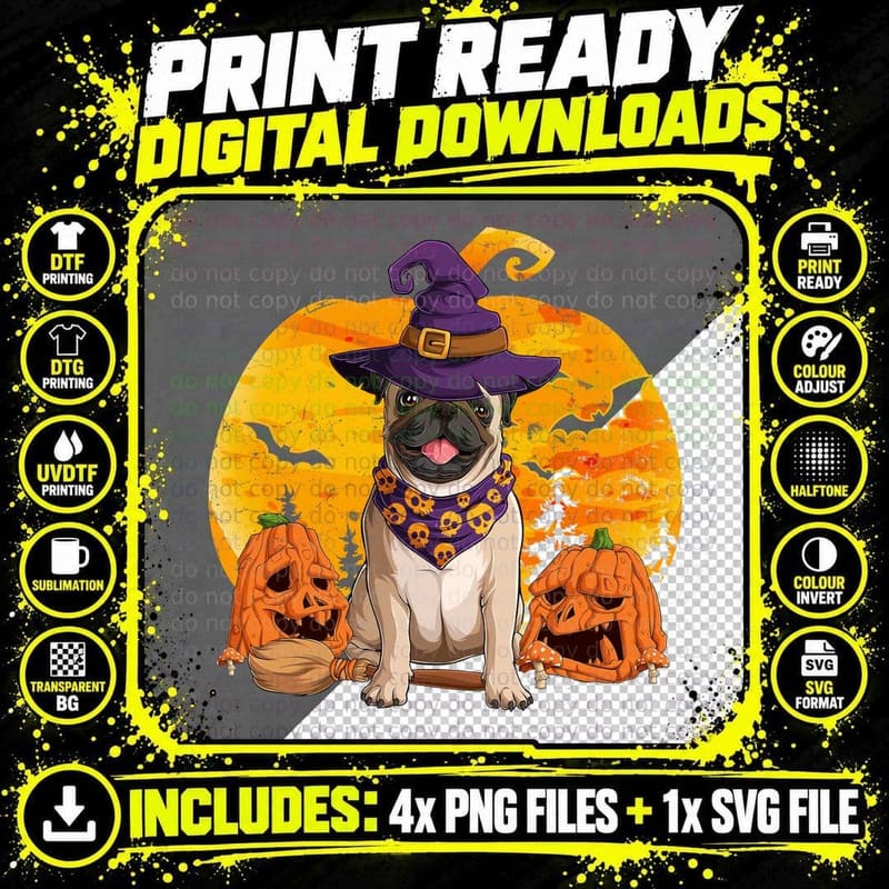 Halloween Pug Witch T-Shirt, Spooky Pet Costume Design Png SVG Digital Bundle
