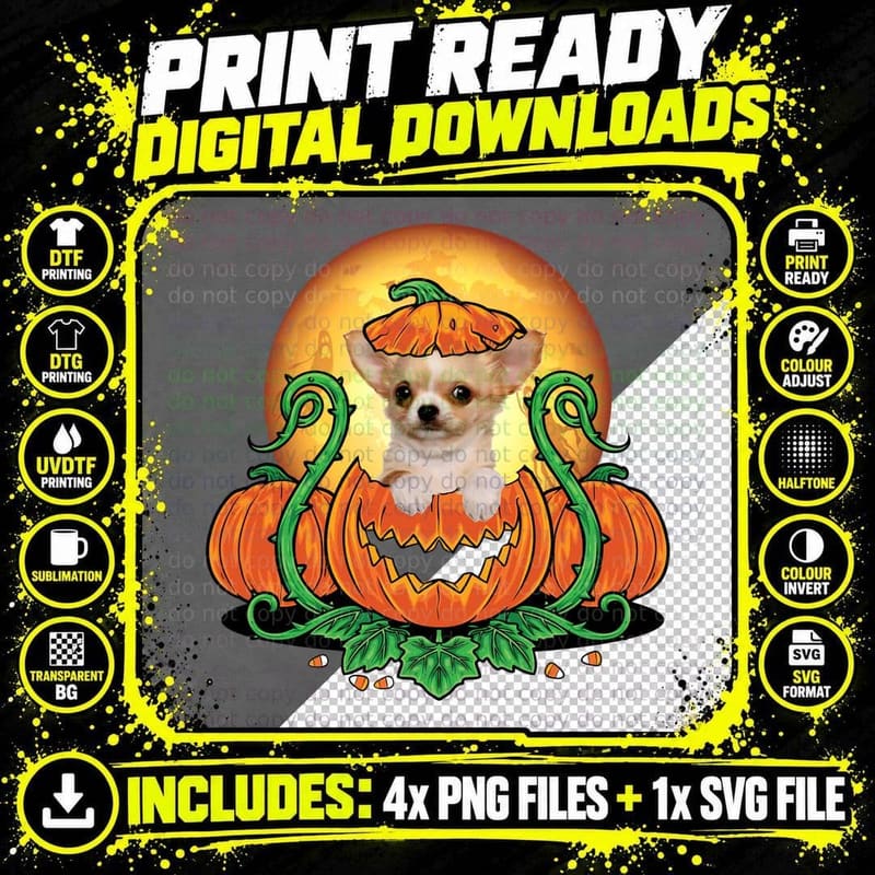 Halloween Pumpkin Chihuahua T-Shirt, Halloween Costume Png SVG Digital Bundle