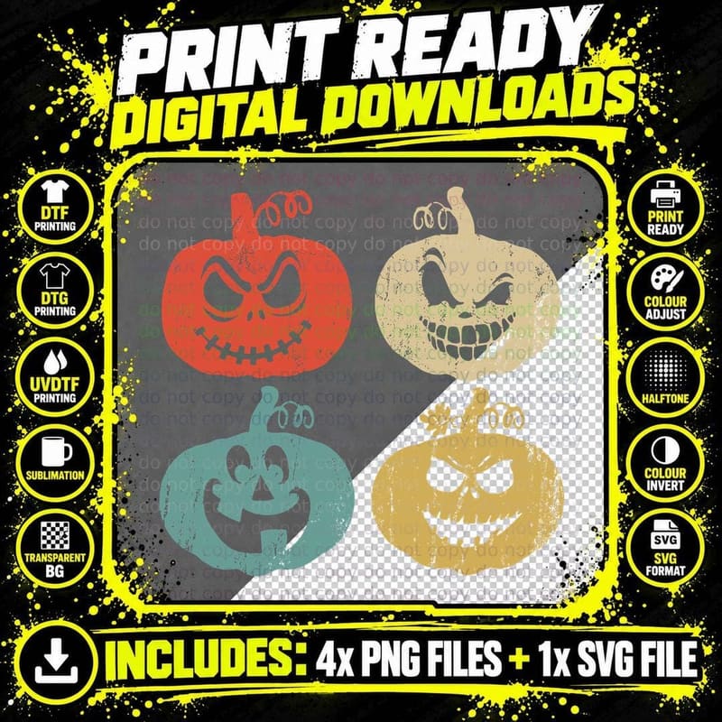 Halloween Pumpkin Faces T-Shirt, Scary Jack-O-Lantern Png SVG Digital Bundle