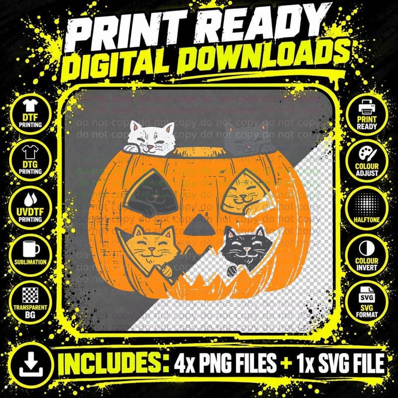 Halloween Pumpkin Jack O Lantern Cats T-Shirt Png SVG Digital Bundle