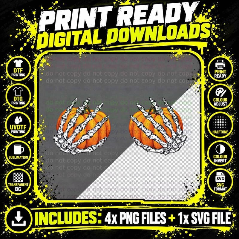 Halloween Pumpkin Skeleton Hands T-Shirt Png SVG Digital Bundle