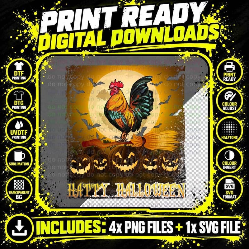 Halloween Rooster on Broomstick T-Shirt Png SVG Digital Bundle
