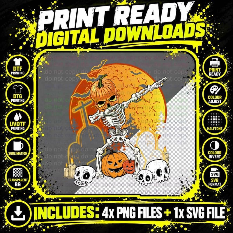 Halloween Skeleton Dabbing T-Shirt Png SVG Digital Bundle