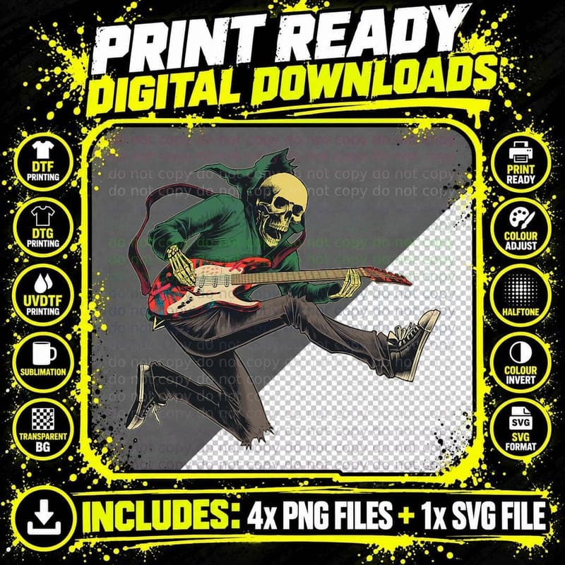 Halloween Skeleton Playing Guitar - Rock and Roll Band Png SVG Digital Bundle