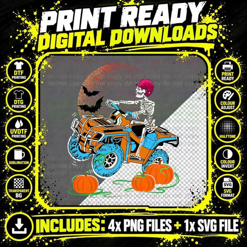 Halloween Skeleton Riding 4 Wheeler ATV Quad Boys Kids Png SVG Digital Bundle