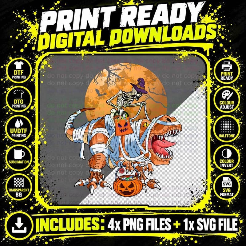 Halloween Skeleton Riding Dinosaur T-Shirt Png SVG Digital Bundle