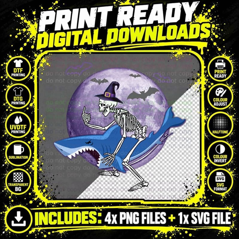 Halloween Skeleton Riding Shark T-Shirt, Witch Hat Png SVG Digital Bundle