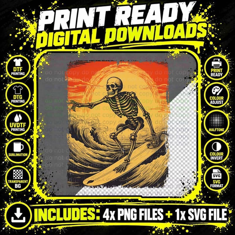 Halloween Skeleton Surfing Surfboard Spooky Season Png SVG Digital Bundle