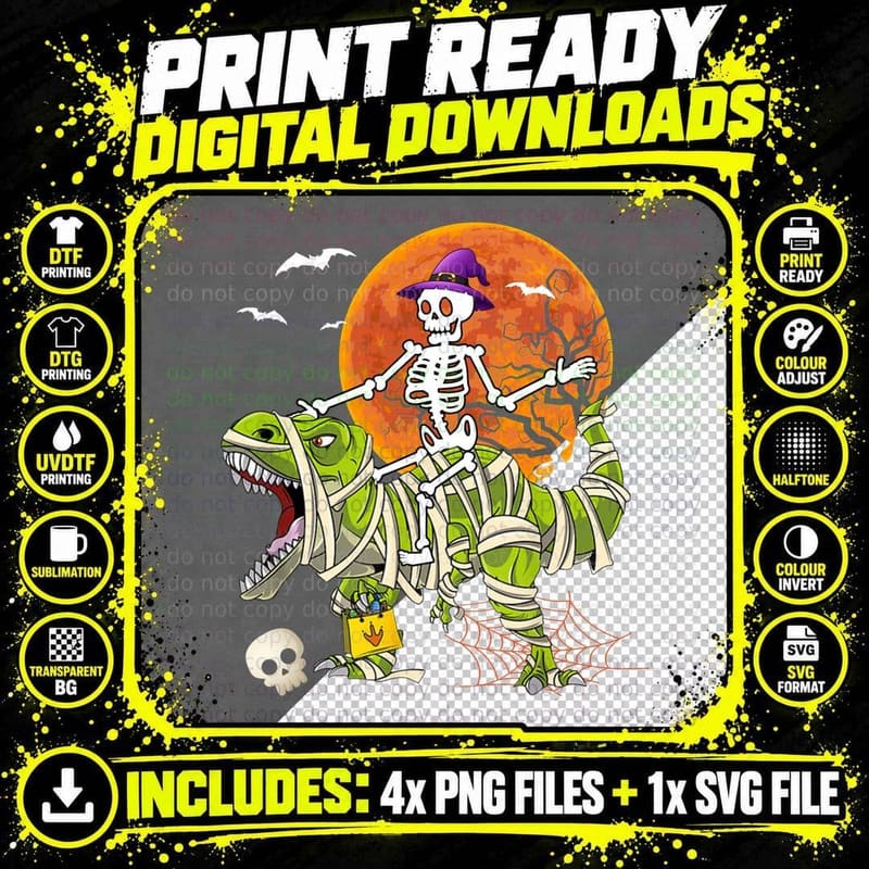 Halloween Skeleton T-Rex T-Shirt, Spooky Dinosaur Png SVG Digital Bundle