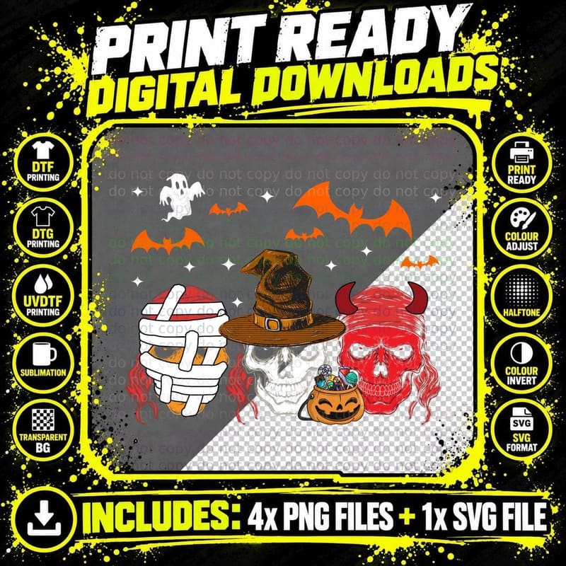 Halloween Skull Trio T-Shirt, Spooky Gothic Print Png SVG Digital Bundle