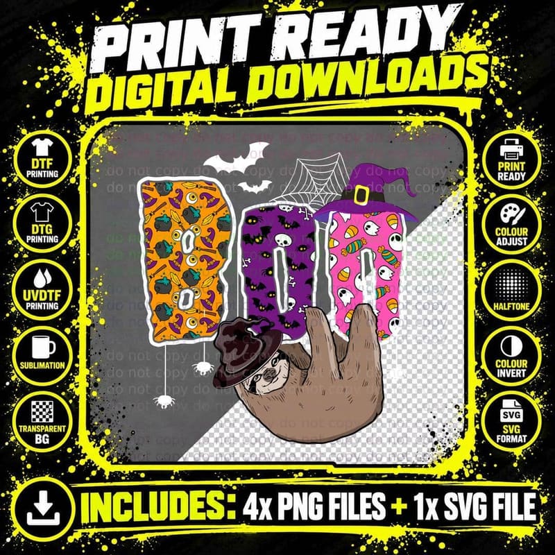 Halloween Sloth Boo T-Shirt, Spooky Animal Print Png SVG Digital Bundle