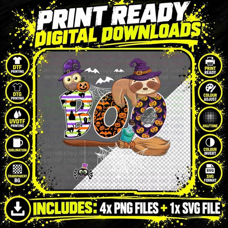 Halloween Sloth Boo T-Shirt, Spooky Witch Hat Design Png SVG Digital Bundle