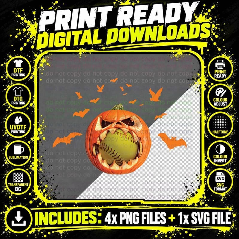 Halloween Softball Pumpkin T-Shirt, Spooky Sports Theme Png SVG Digital Bundle