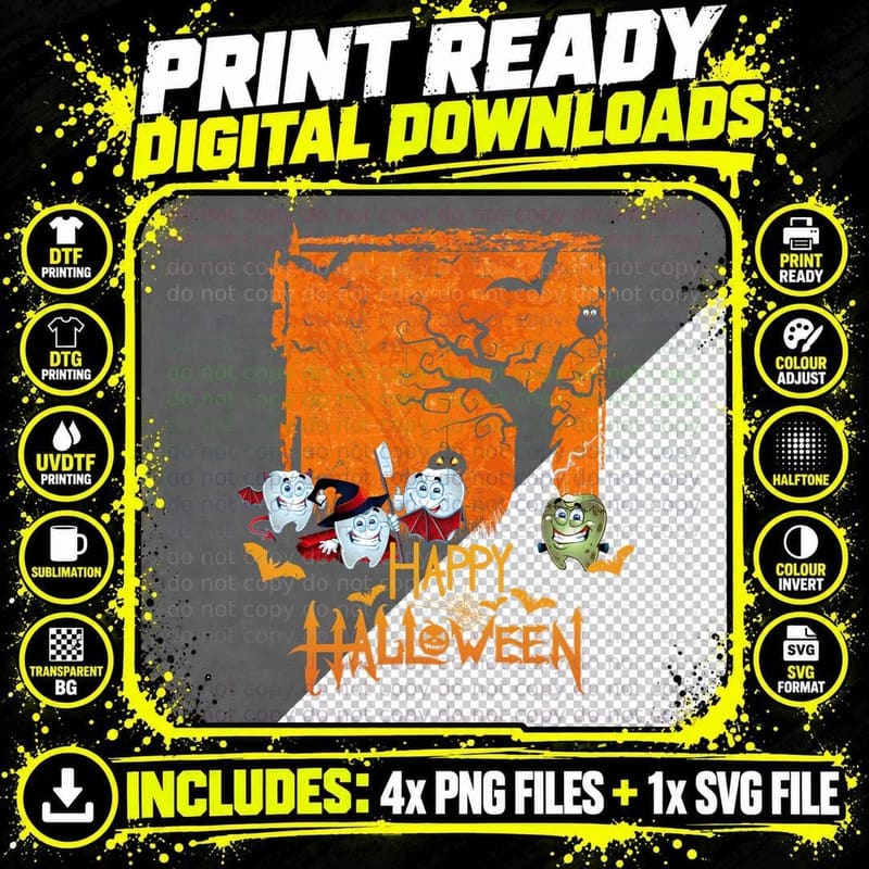 Halloween Tooth Characters T-Shirt, Spooky Costume Print Png SVG Digital Bundle