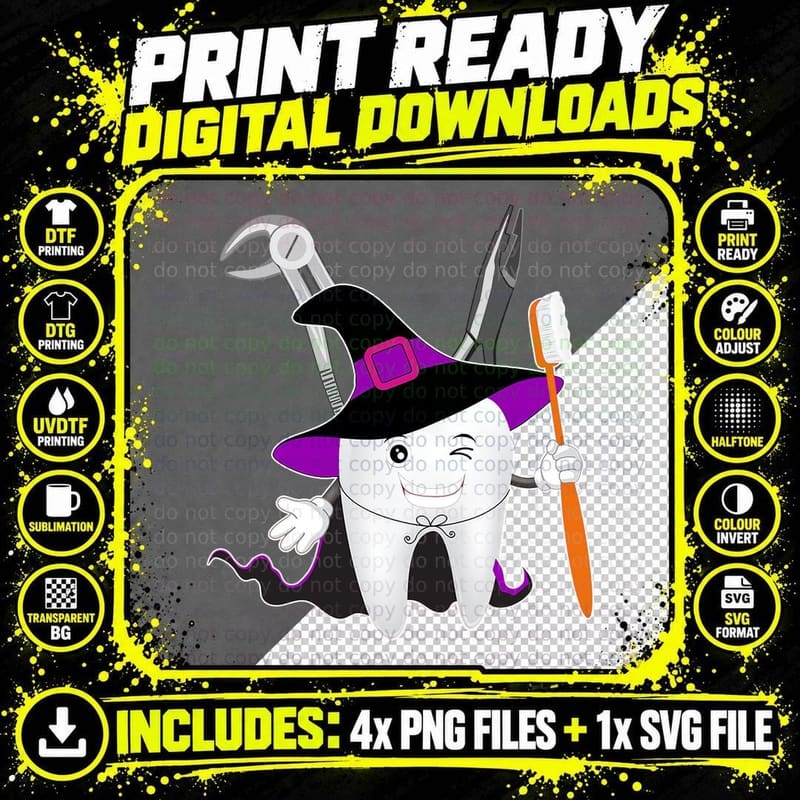Halloween Tooth Witch T-Shirt, Spooky Dentist Costume Png SVG Digital Bundle