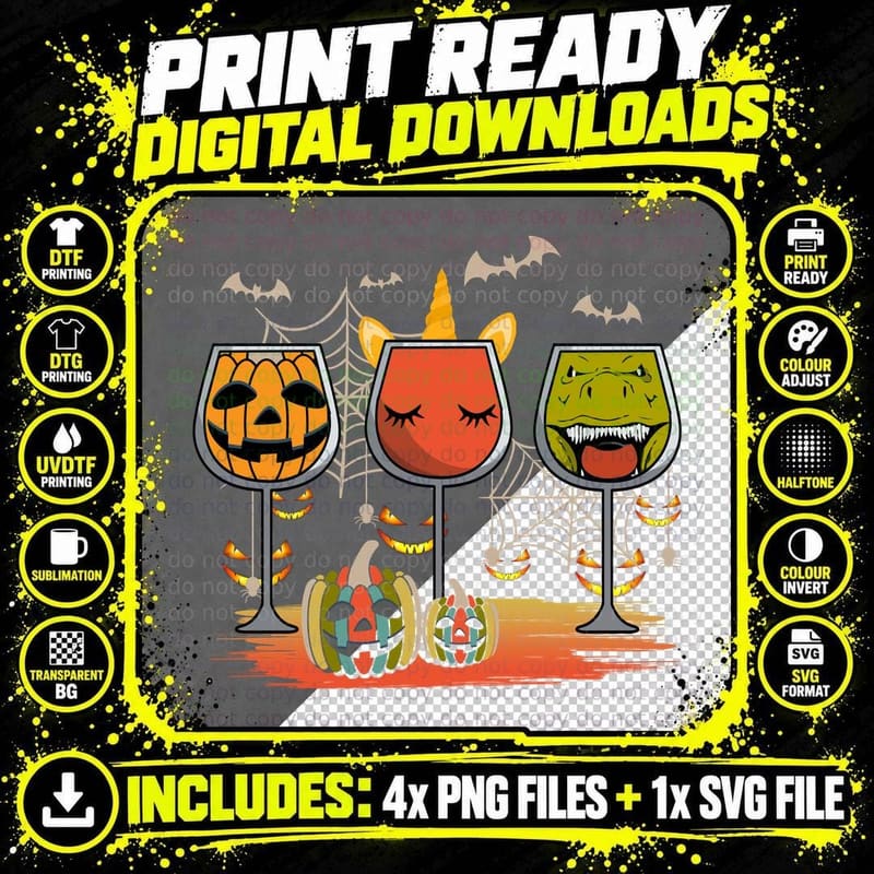 Halloween Wine Glasses T-Shirt, Spooky Party Theme Png SVG Digital Bundle