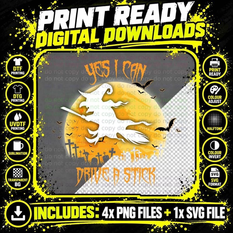 Halloween Witch Flying on Broomstick T-Shirt Png SVG Digital Bundle