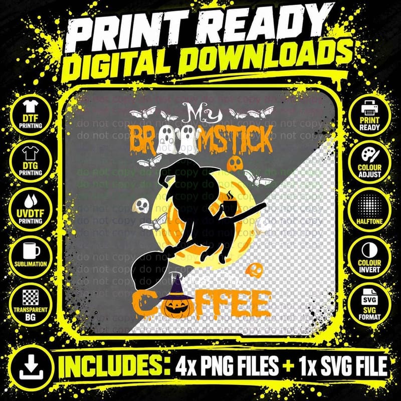 Halloween Witch Riding Broomstick T-Shirt Png SVG Digital Bundle