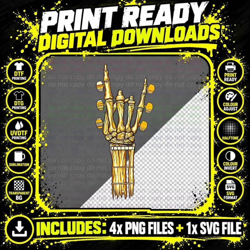 Hand Guitar Neck Golden Rock & Roll Skeleton Rockers Png SVG Digital Bundle