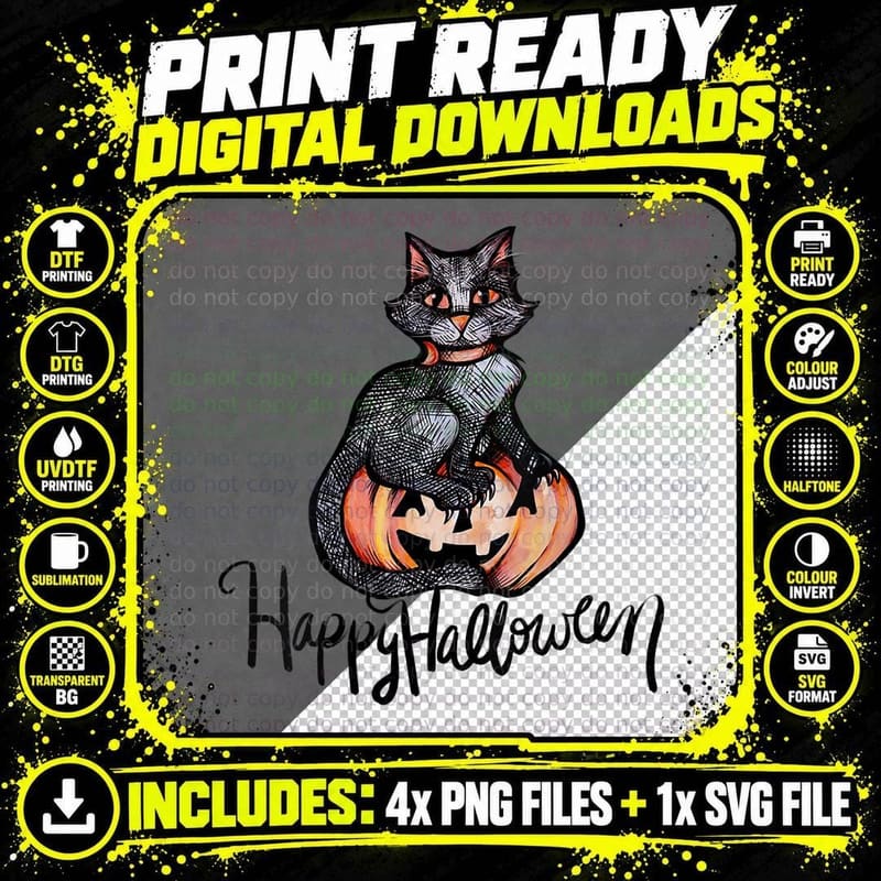 Happy Halloween Black Cat T-Shirt, Halloween Costume Png SVG Digital Bundle