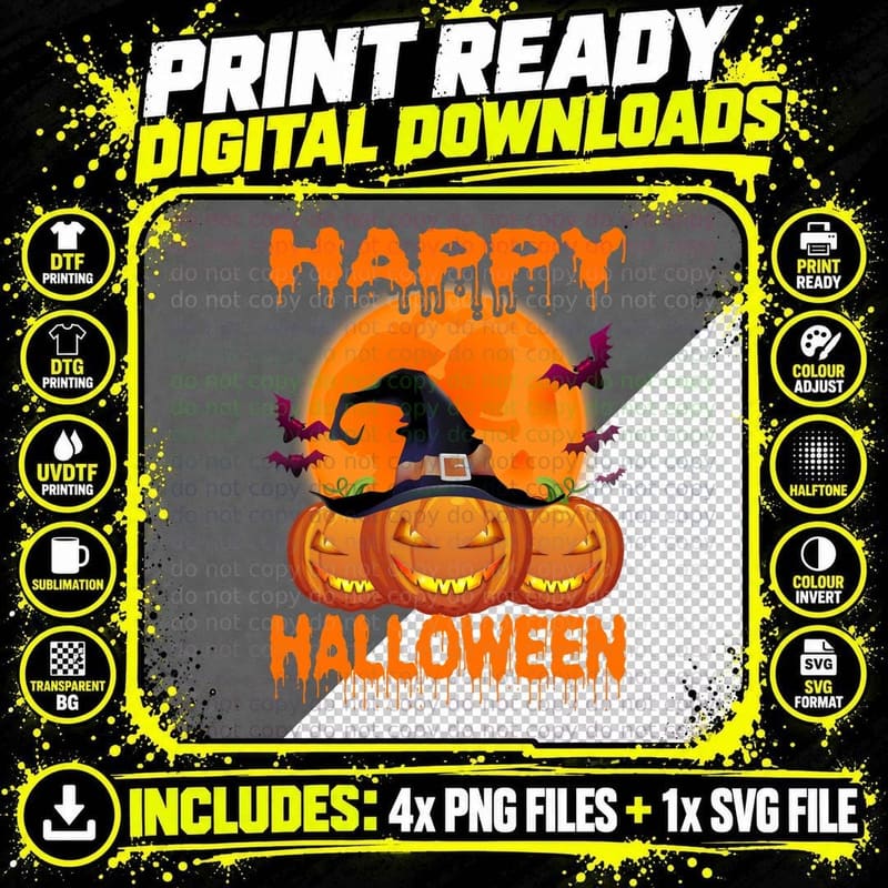 Happy Halloween Pumpkin T-Shirt, Spooky Jack-O'-Lantern Png SVG Digital Bundle