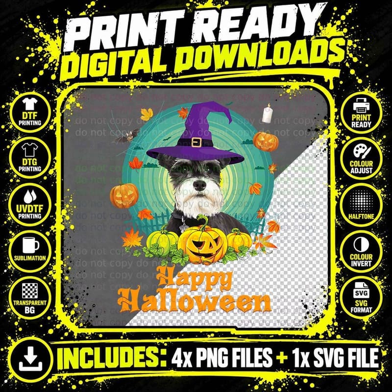 Happy Halloween Schnauzer Dog Pumpkin Witch Ghost Cute Png SVG Digital Bundle