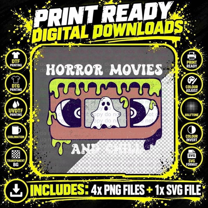 Horror Movies and Chill Squad VHS T-Shirt Png SVG Digital Bundle