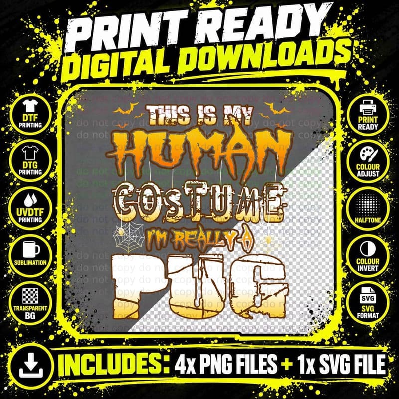 Human Costume Pug T-Shirt, Halloween Humor Png SVG Digital Bundle