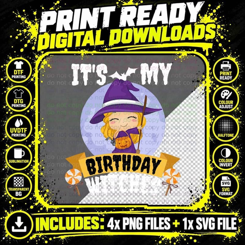 It's My Birthday Witches Halloween Cute Witch Girl Kids Png SVG Digital Bundle