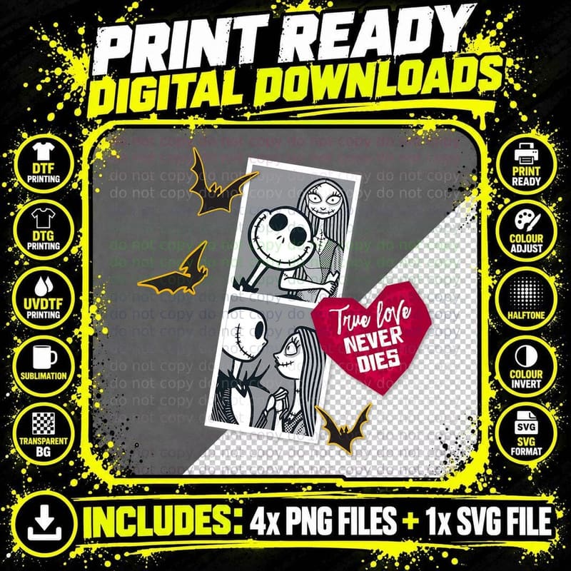 Jack and Sally Heart T-Shirt, Halloween Gothic Png SVG Digital Bundle
