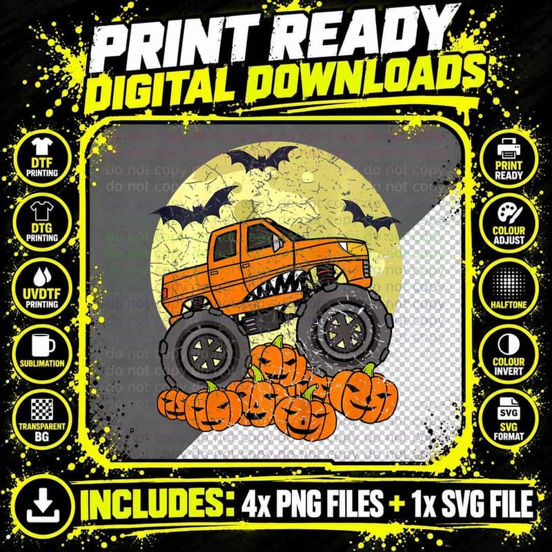 Kids Monster Truck Halloween Jack O Lantern Moon Pumpkin Png SVG Digital Bundle