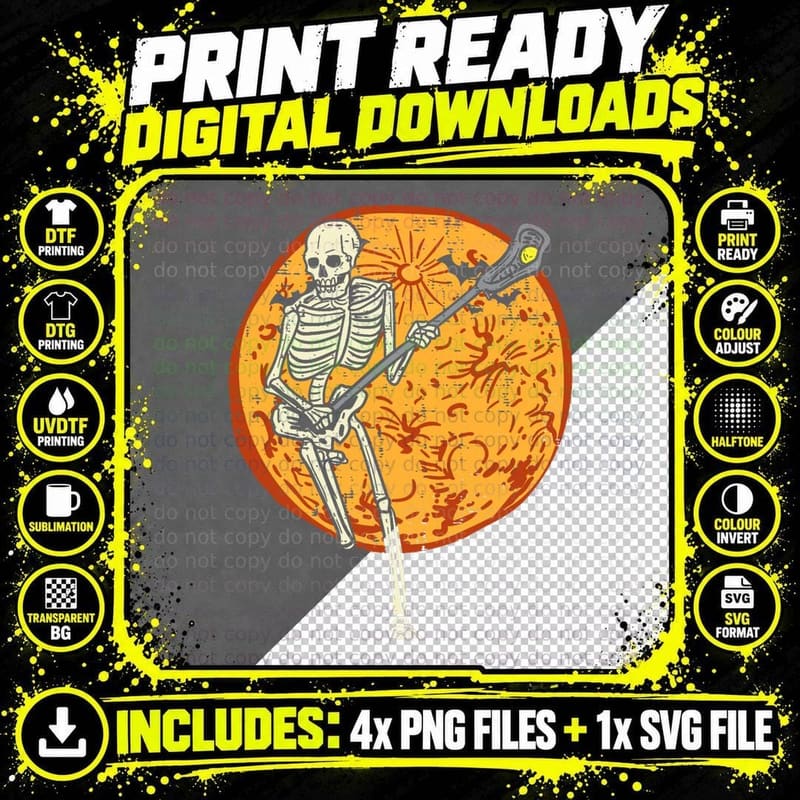 Lacrosse Skeleton Full Moon Sports Halloween Men Women Png SVG Digital Bundle