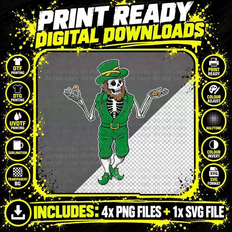Leprechaun Skeleton Green Skull Goth Grunge St Patrick's Png SVG Digital Bundle