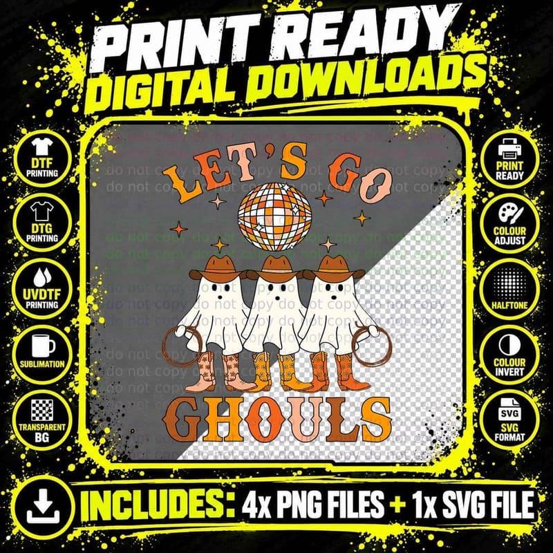 Let's Go Ghouls Ghost Cowgirl Disco Halloween Png SVG Digital Bundle